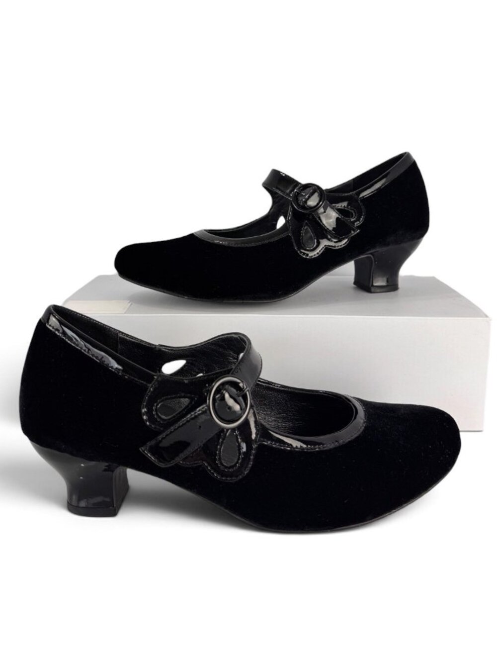 Hotter Valetta Womens Maryjane Pumps Black Velvet Low Block Heel Retro US 9.5